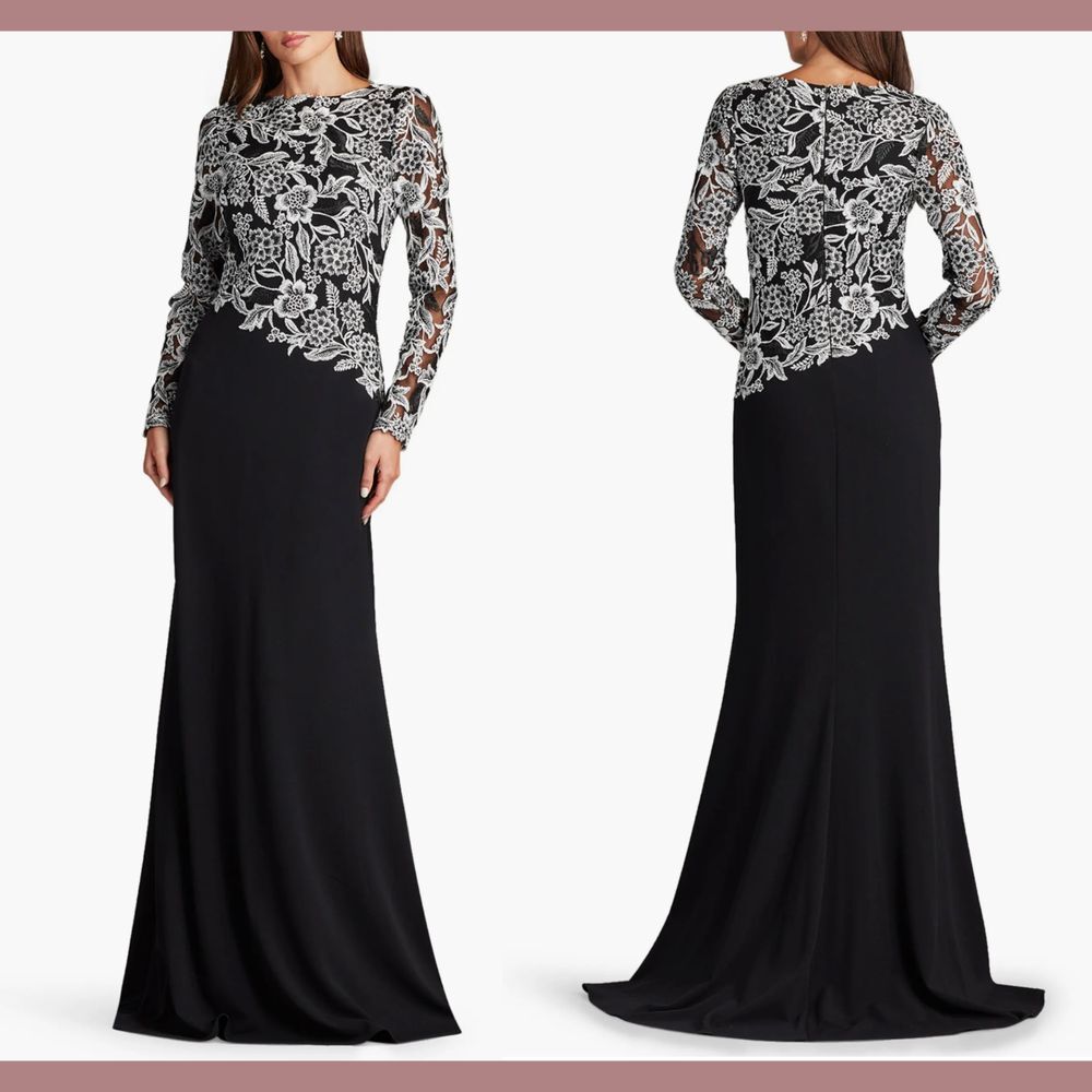 NEW $468 Tadashi‎ Shoji [ 2 ] Sequin Lace Long Sleeve Crepe Gown Black White
